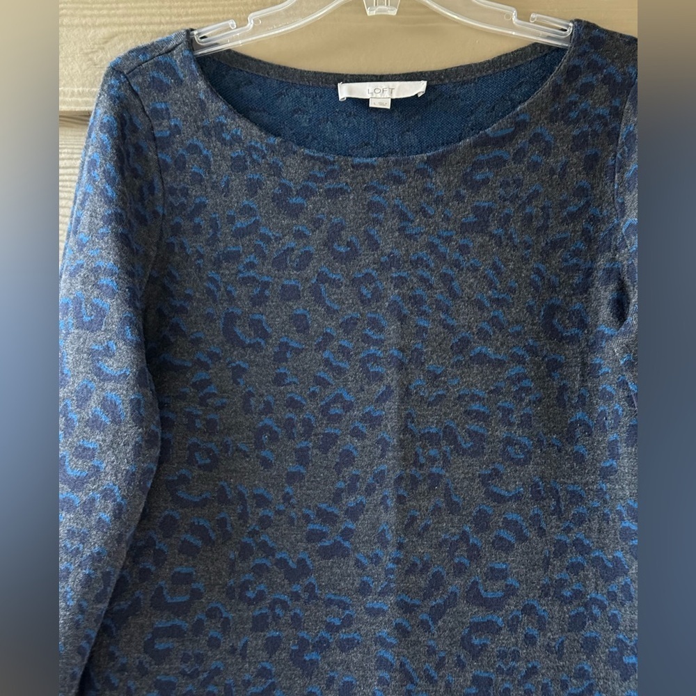 Ann Taylor LOFT Cheetah Animal Print Gray Blue 3/4 Sleeves Sweater Dress Size L - Picture 7 of 10